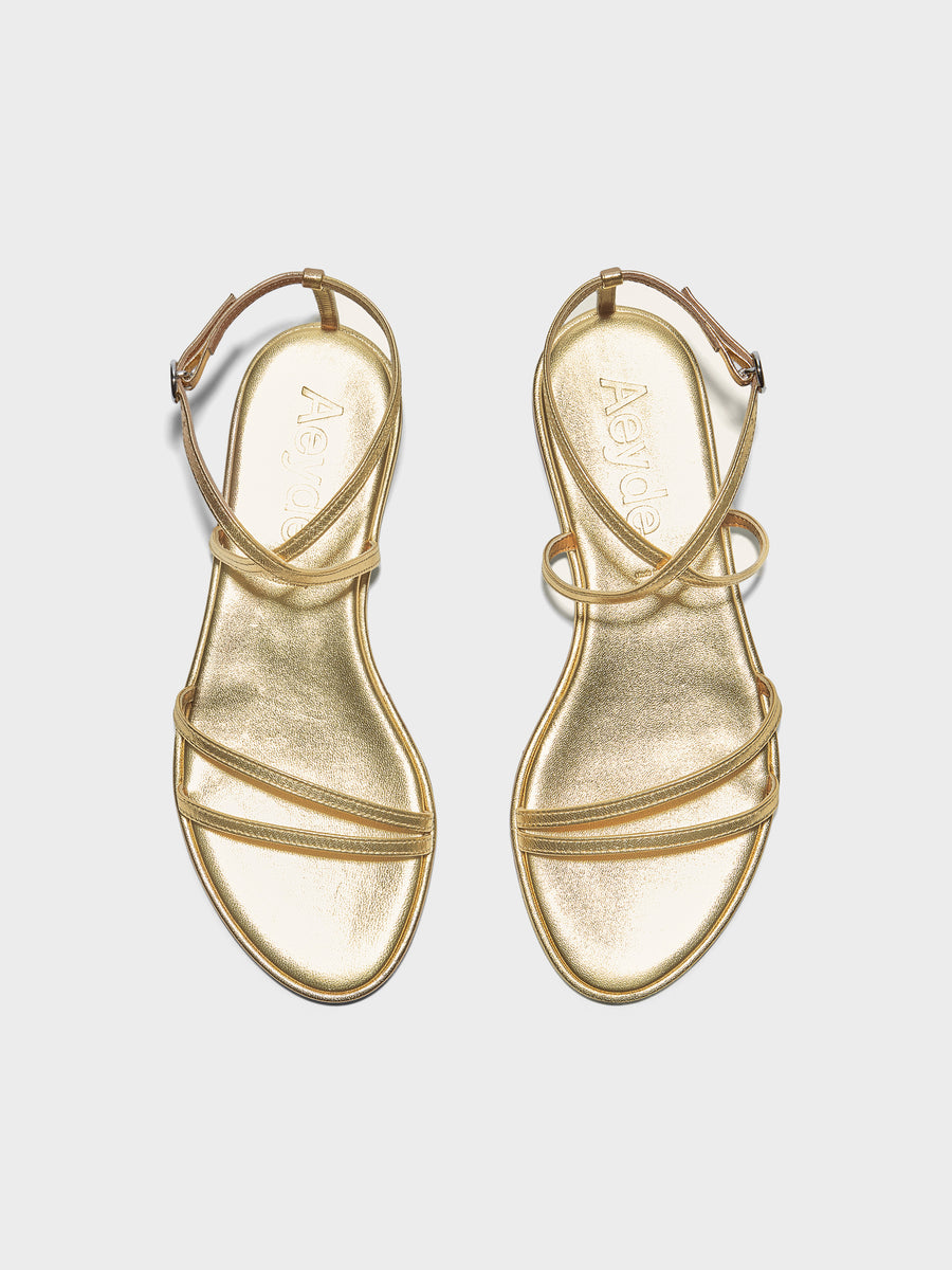 Aeyde | Rabea Leather Flat Sandals for Women | Gold Nappa | Round Toe | Flat Heel | Front View