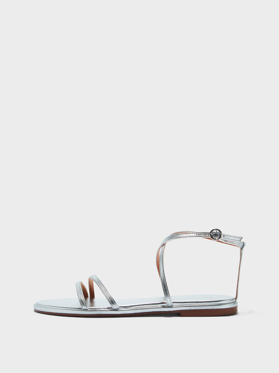 Aeyde | Rabea Leather Flat Sandals for Women | Silver Nappa | Round Toe | Flat Heel | Side View