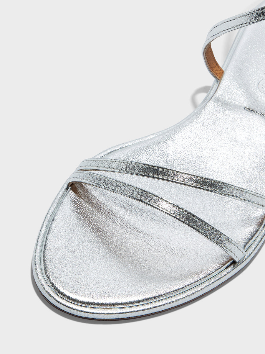 Aeyde | Rabea Leather Flat Sandals for Women | Silver Nappa | Round Toe | Flat Heel | Heel Details