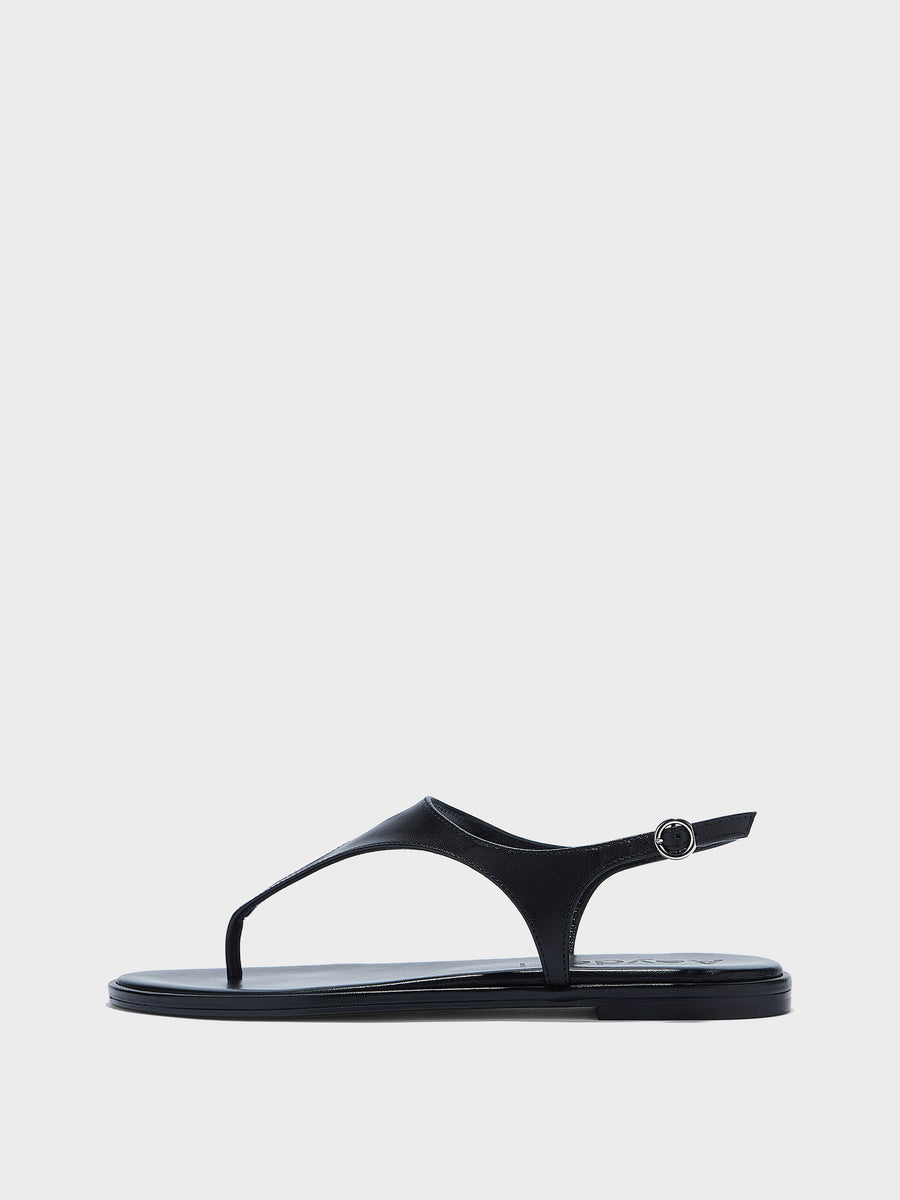 Aeyde | Raine Leather Flat Sandals for Women | Black Nappa | Round Toe | Flat Heel | Side View