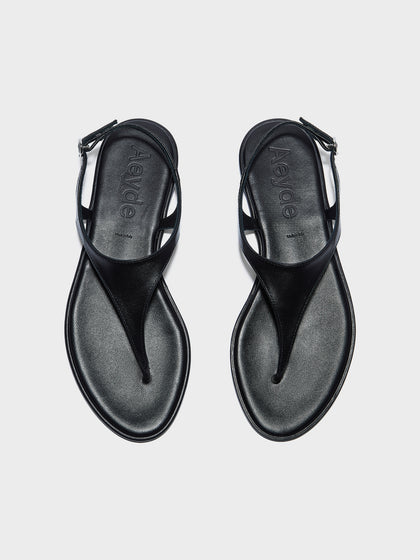 Aeyde | Raine Leather Flat Sandals for Women | Black Nappa | Round Toe | Flat Heel | Front View