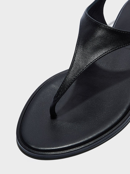 Aeyde | Raine Leather Flat Sandals for Women | Black Nappa | Round Toe | Flat Heel | Heel Details