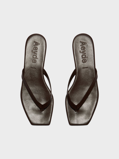 Aeyde | Renee Leather Flat Sandals for Women | Moka Nappa | Square Toe | Flat Heel | Front View