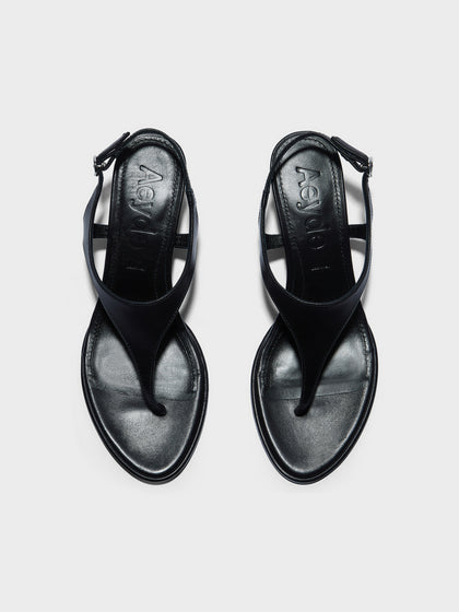 Aeyde | Roose Leather Heeled Sandals for Women | Black Nappa | Round Toe | Mid Heel | Front View