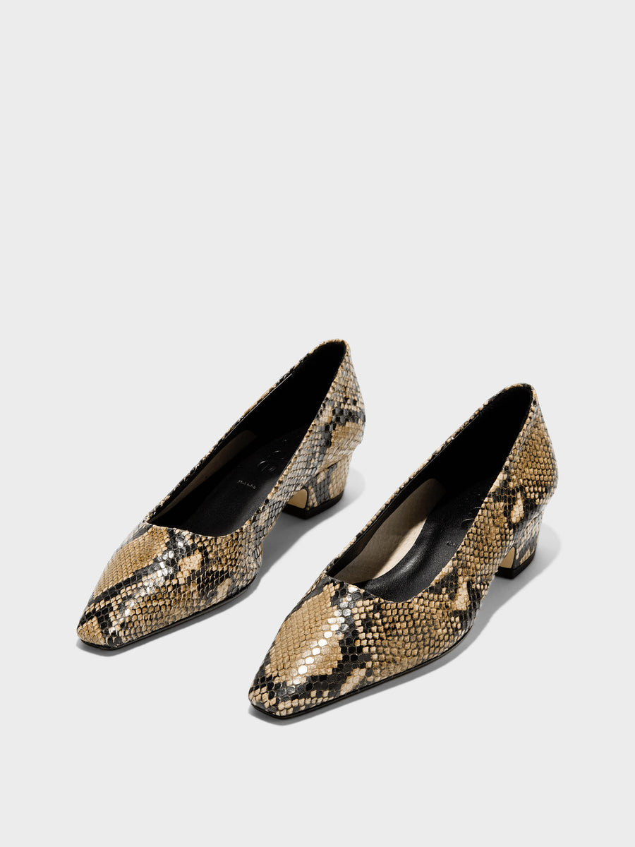 Aeyde | Rory Leather Pumps for Women | Hazelnut Snake | Square Toe | Mid Heel | Luxury Materials | Handmade in Italy