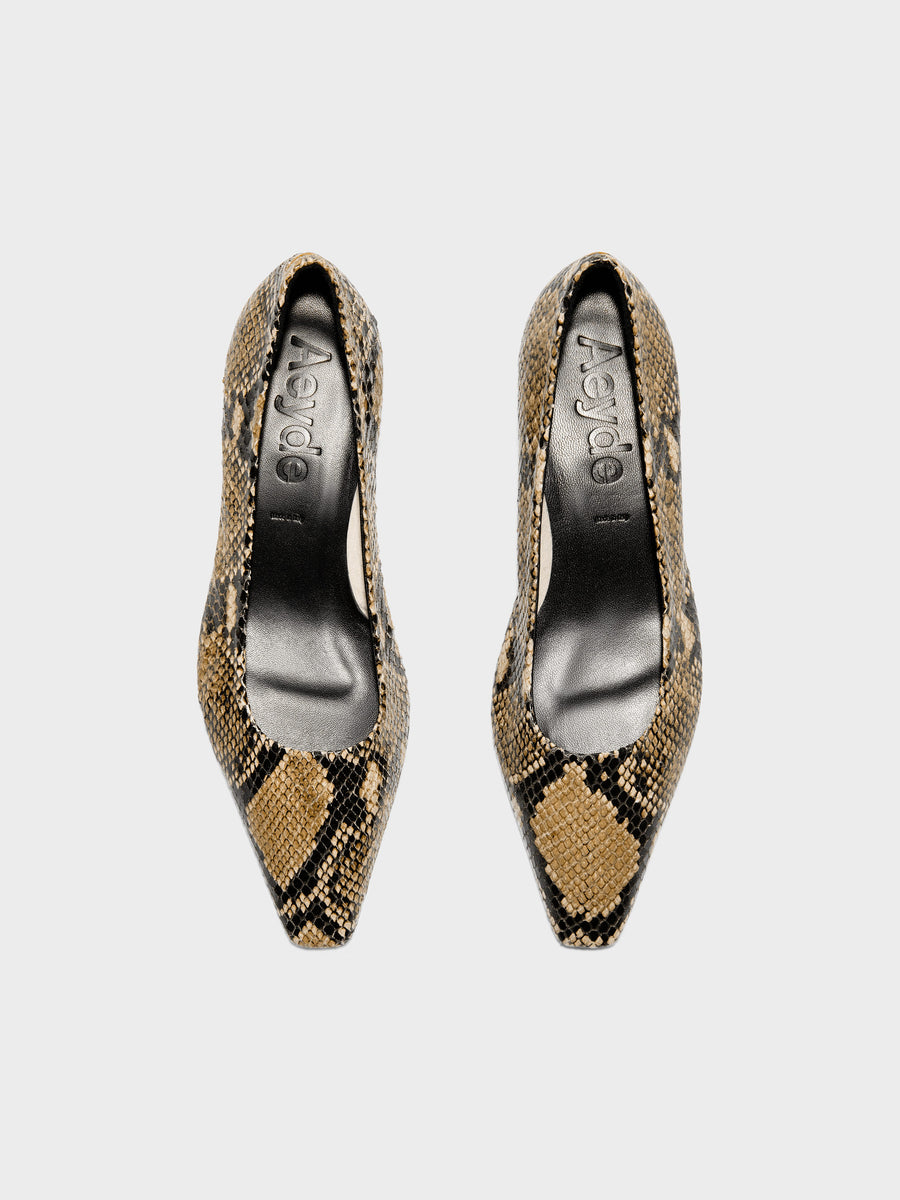 Aeyde | Rory Leather Pumps for Women | Hazelnut Snake | Square Toe | Mid Heel | Front View