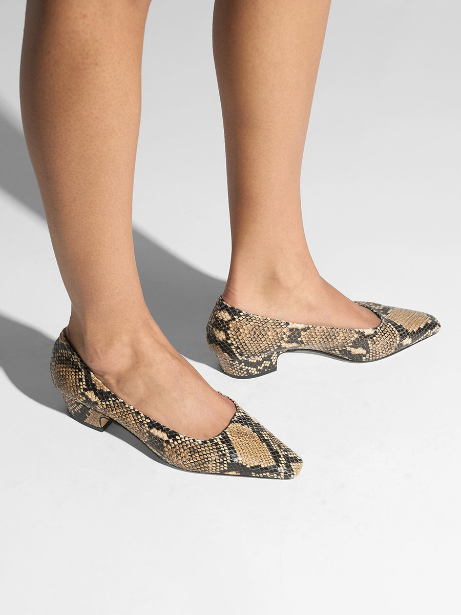 Aeyde | Rory Leather Pumps for Women | Hazelnut Snake | Square Toe | Mid Heel | On Feet