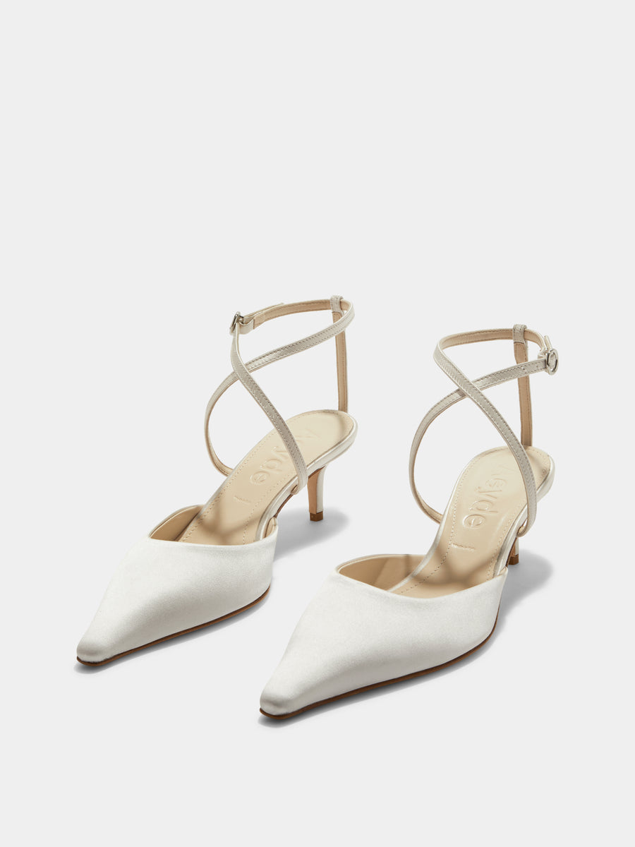Aeyde | Salome Satin Stiletto Pumps Leather Pumps for Women | Creamy Satin | Pointed Toe | Mid Heel | On Feet