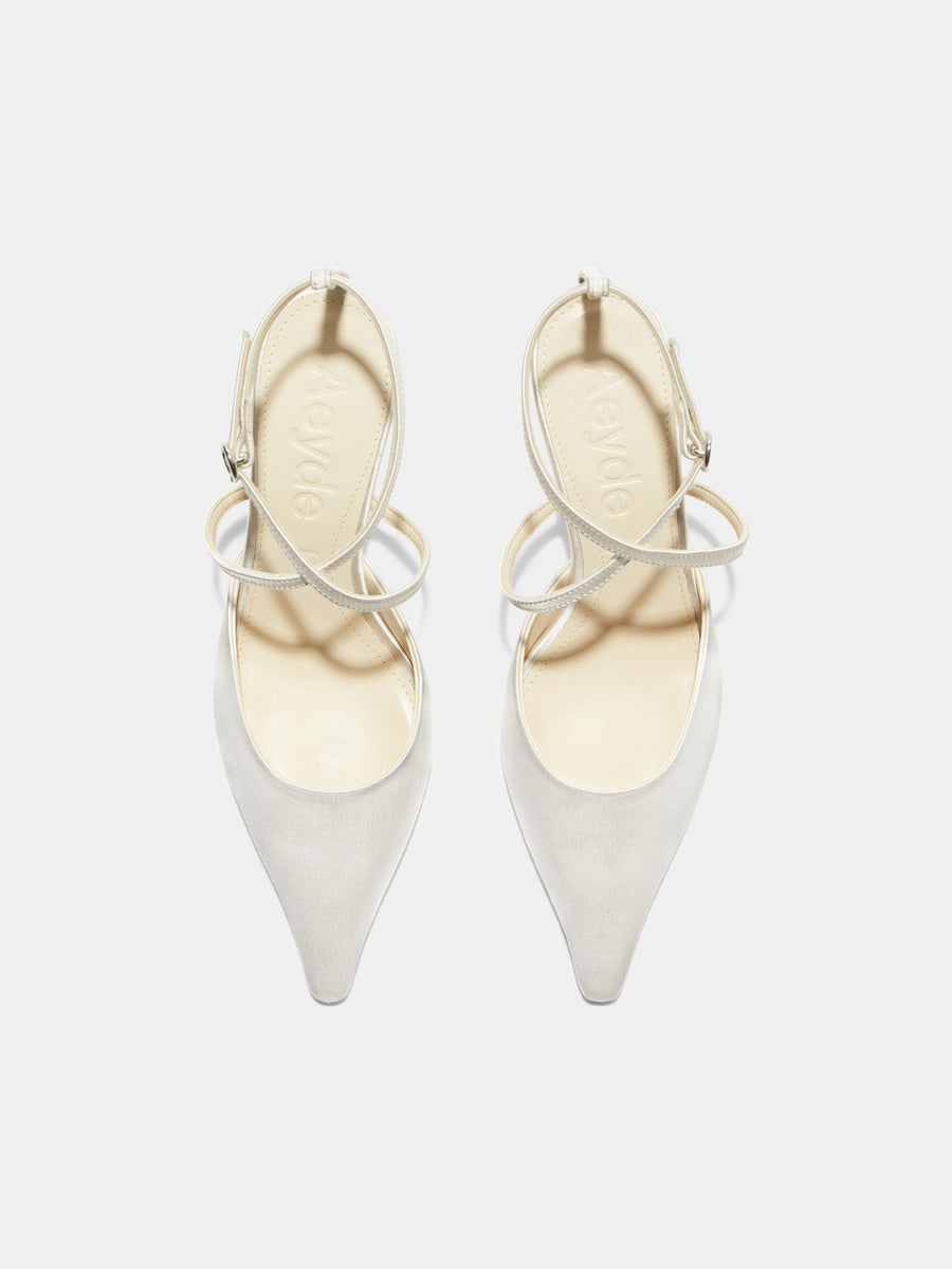 Aeyde | Salome Satin Stiletto Pumps Leather Pumps for Women | Creamy Satin | Pointed Toe | Mid Heel | Front View
