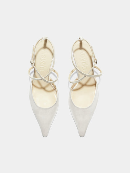 Aeyde | Salome Satin Stiletto Pumps Leather Pumps for Women | Creamy Satin | Pointed Toe | Mid Heel | Front View