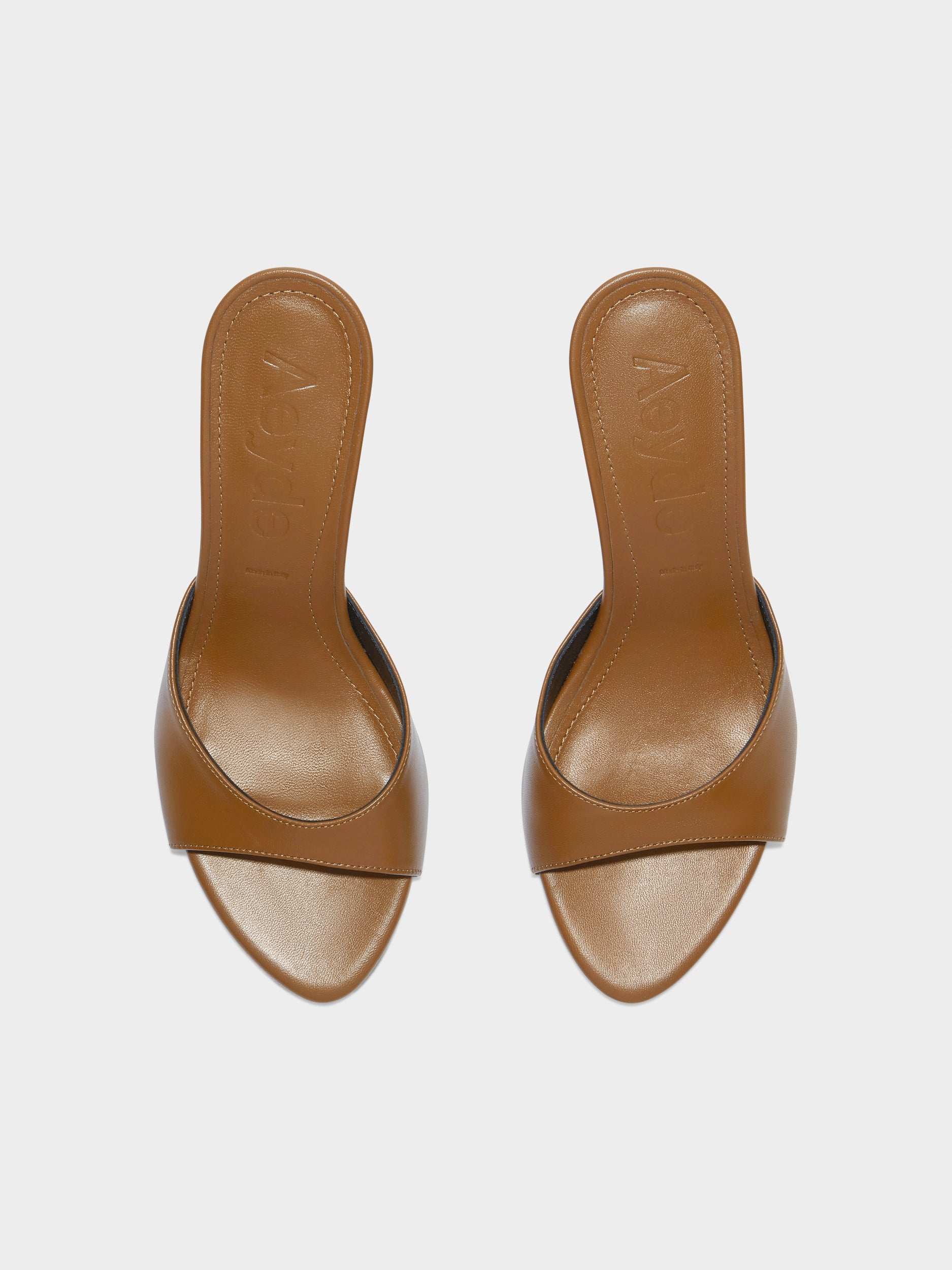 Aeyde | Samia Leather Heeled Sandals for Women | Tobacco Nappa | Round Toe | High Heel | Front View