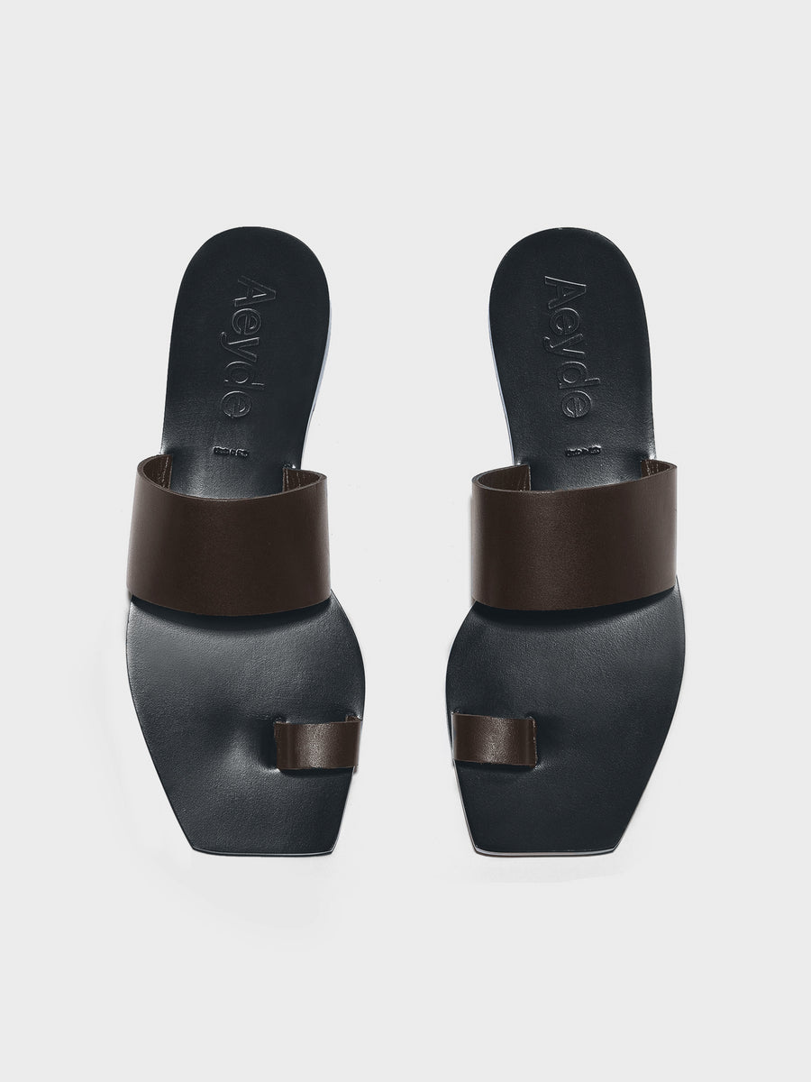 Aeyde | Sibel Leather Flat Sandals for Women | Moka Calf | Square Toe | Flat Heel | Front View
