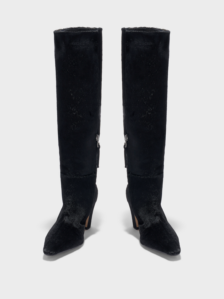 Aeyde | Silva Knee-High Boots Leather Knee High Boots for Women | Black Ponyhair | Square Toe | High Heel | Heel Details