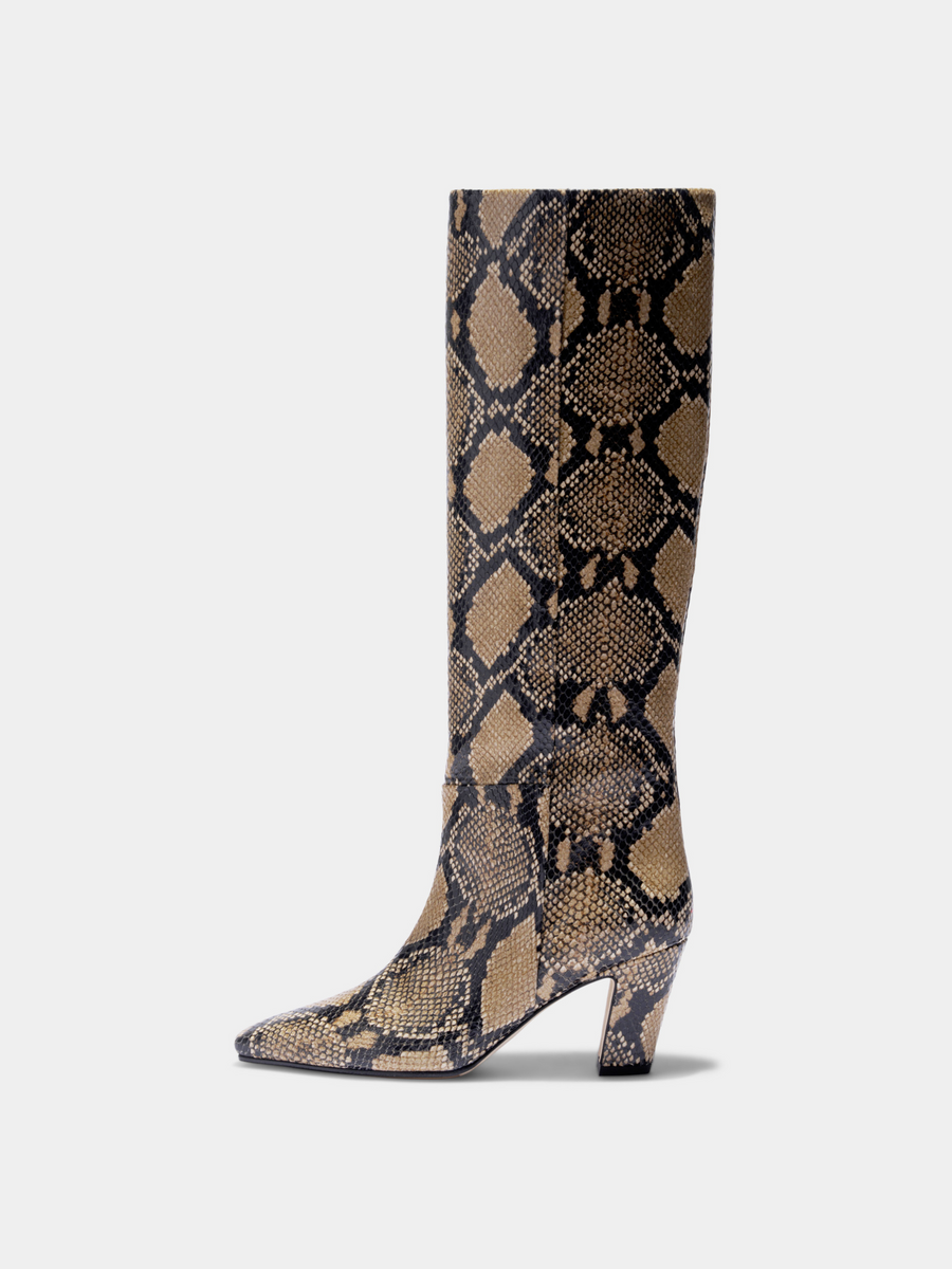 Aeyde | Silva Knee-High Boots Leather Knee High Boots for Women | Hazelnut Snake | Square Toe | High Heel | Side View