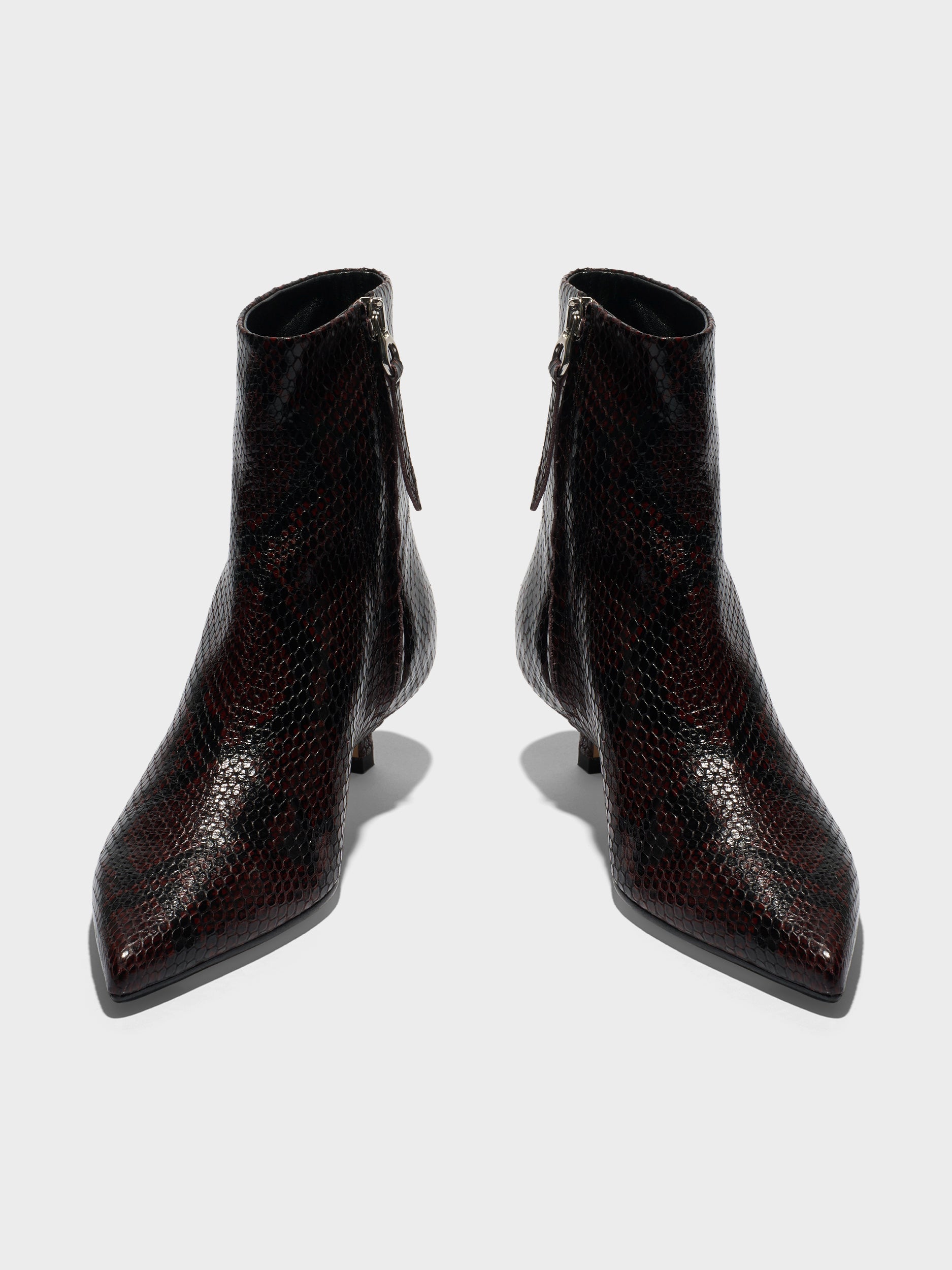 Aeyde | Sofie Leather Ankle Boots Leather Ankle Boots for Women | Port Snake | Pointed Toe | Low Heel | Front View