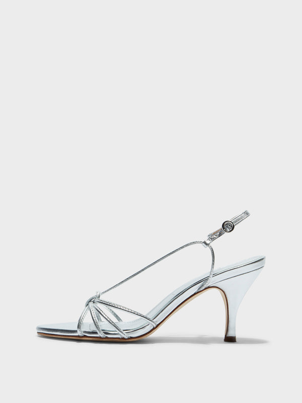 Aeyde | Solange Leather Heeled Sandals for Women | Silver Laminated Nappa | Round Toe | High Heel | Side View