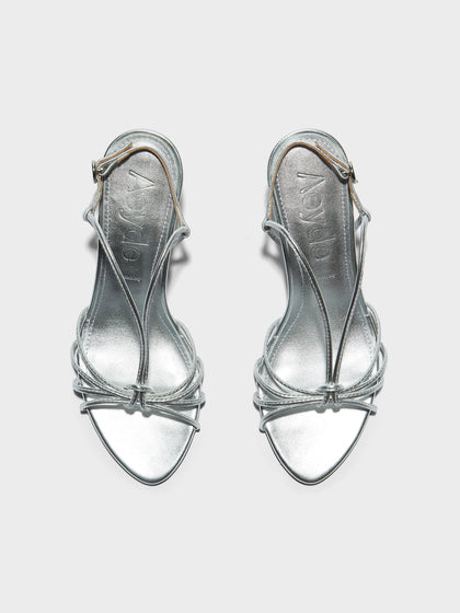 Aeyde | Solange Leather Heeled Sandals for Women | Silver Laminated Nappa | Round Toe | High Heel | Front View