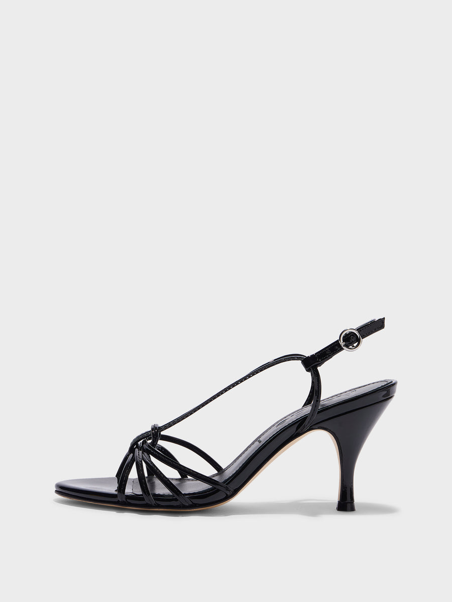 Aeyde | Solange Leather Heeled Sandals for Women | Black Patent | Round Toe | High Heel | Side View