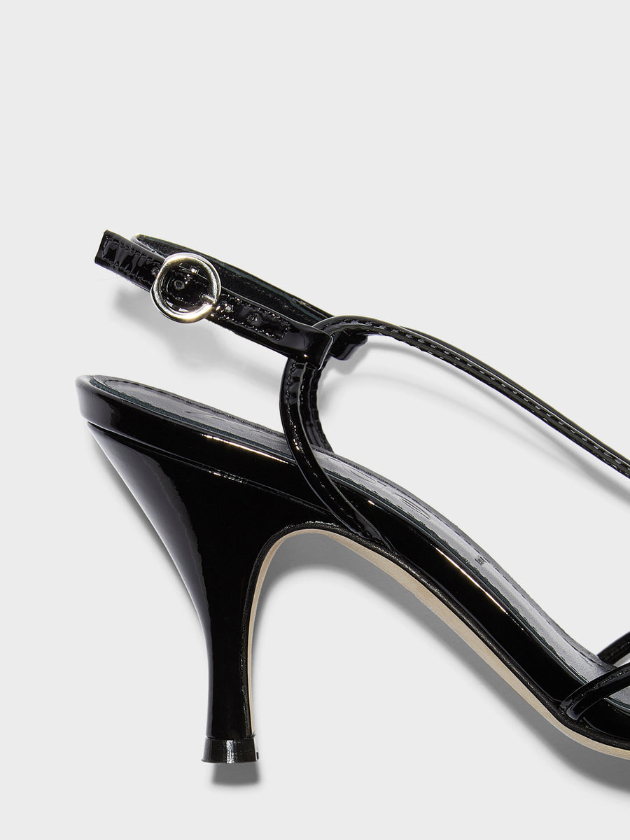 Aeyde | Solange Leather Heeled Sandals for Women | Black Patent | Round Toe | High Heel | Heel Details