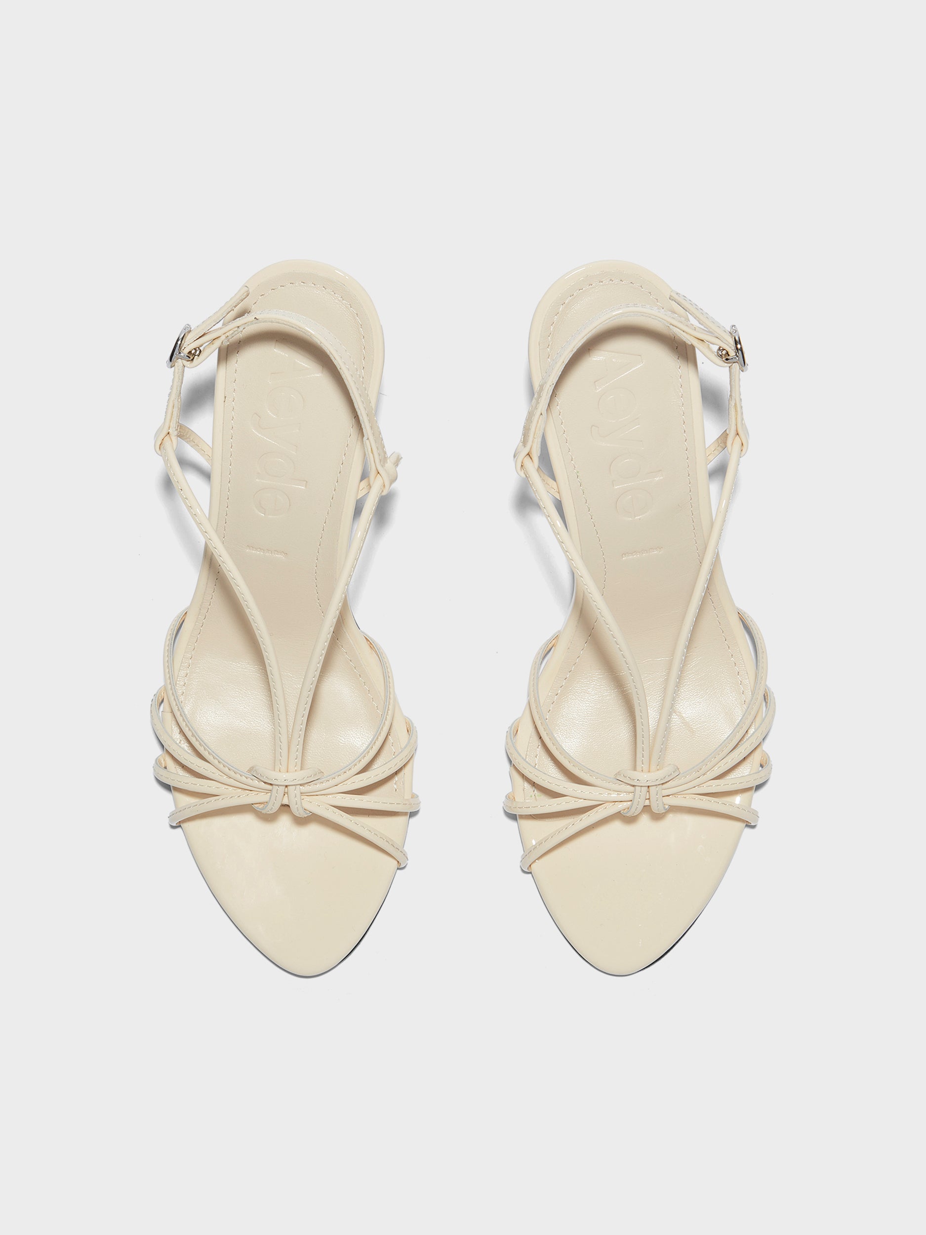 Aeyde | Solange Leather Heeled Sandals for Women | Creamy Patent | Round Toe | High Heel | Front View
