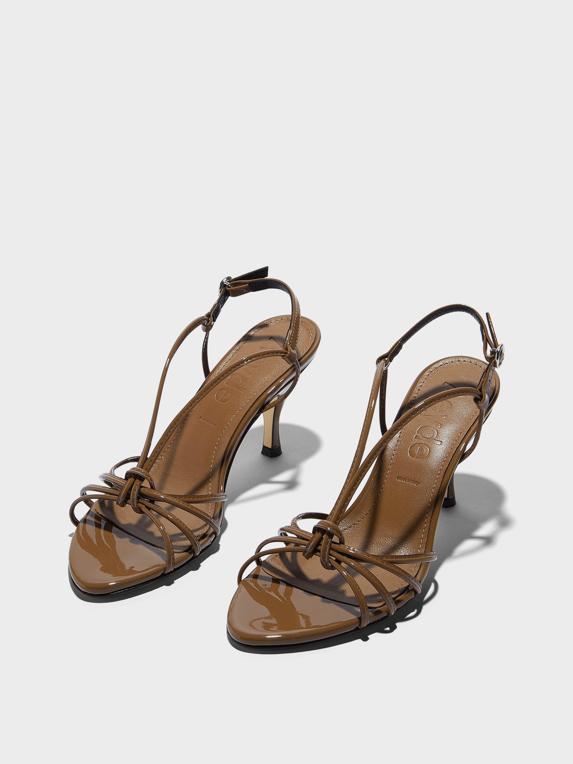 Aeyde | Solange Leather Heeled Sandals for Women | Tobacco Patent | Round Toe | High Heel | Luxury Materials | Handmade in Italy