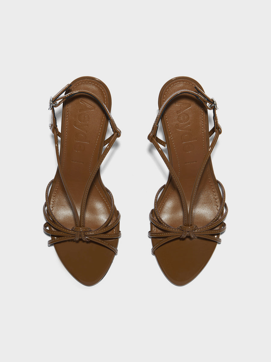 Aeyde | Solange Leather Heeled Sandals for Women | Tobacco Patent | Round Toe | High Heel | Front View