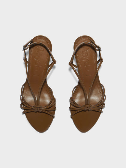 Aeyde | Solange Leather Heeled Sandals for Women | Tobacco Patent | Round Toe | High Heel | Front View