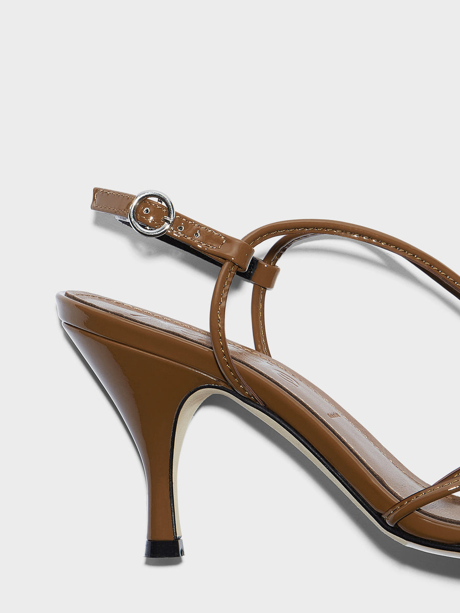 Aeyde | Solange Leather Heeled Sandals for Women | Tobacco Patent | Round Toe | High Heel | Heel Details