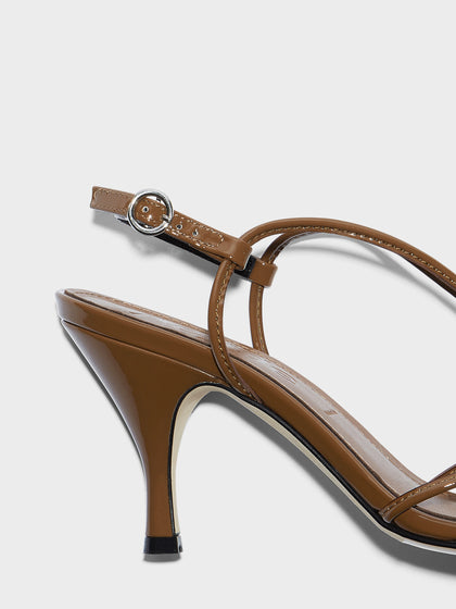 Aeyde | Solange Leather Heeled Sandals for Women | Tobacco Patent | Round Toe | High Heel | Heel Details