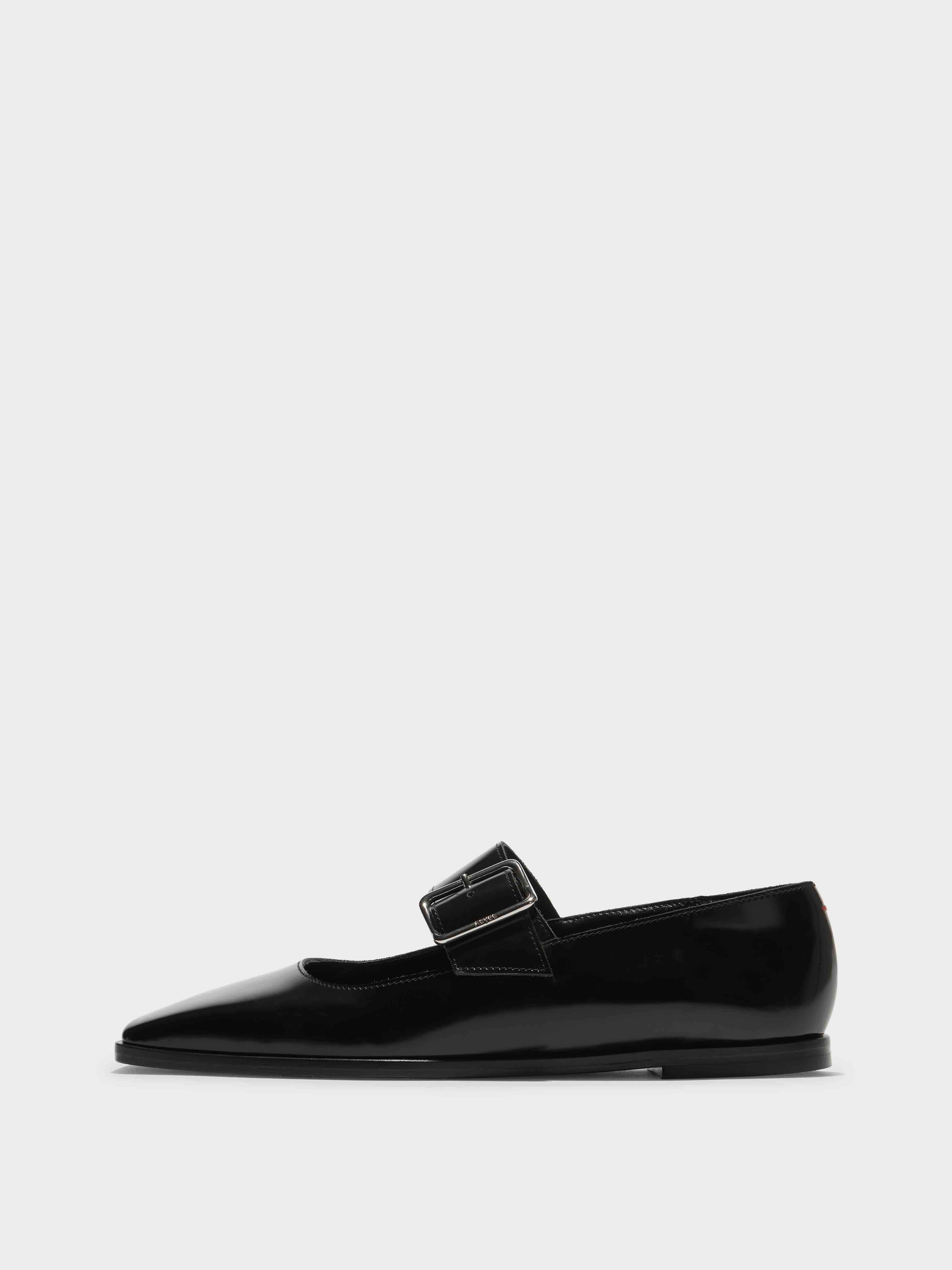 Aeyde | Sunny Leather Mary-Jane Flats Leather Flats for Women | Black Polido | Square Toe | Flat Heel | Side View