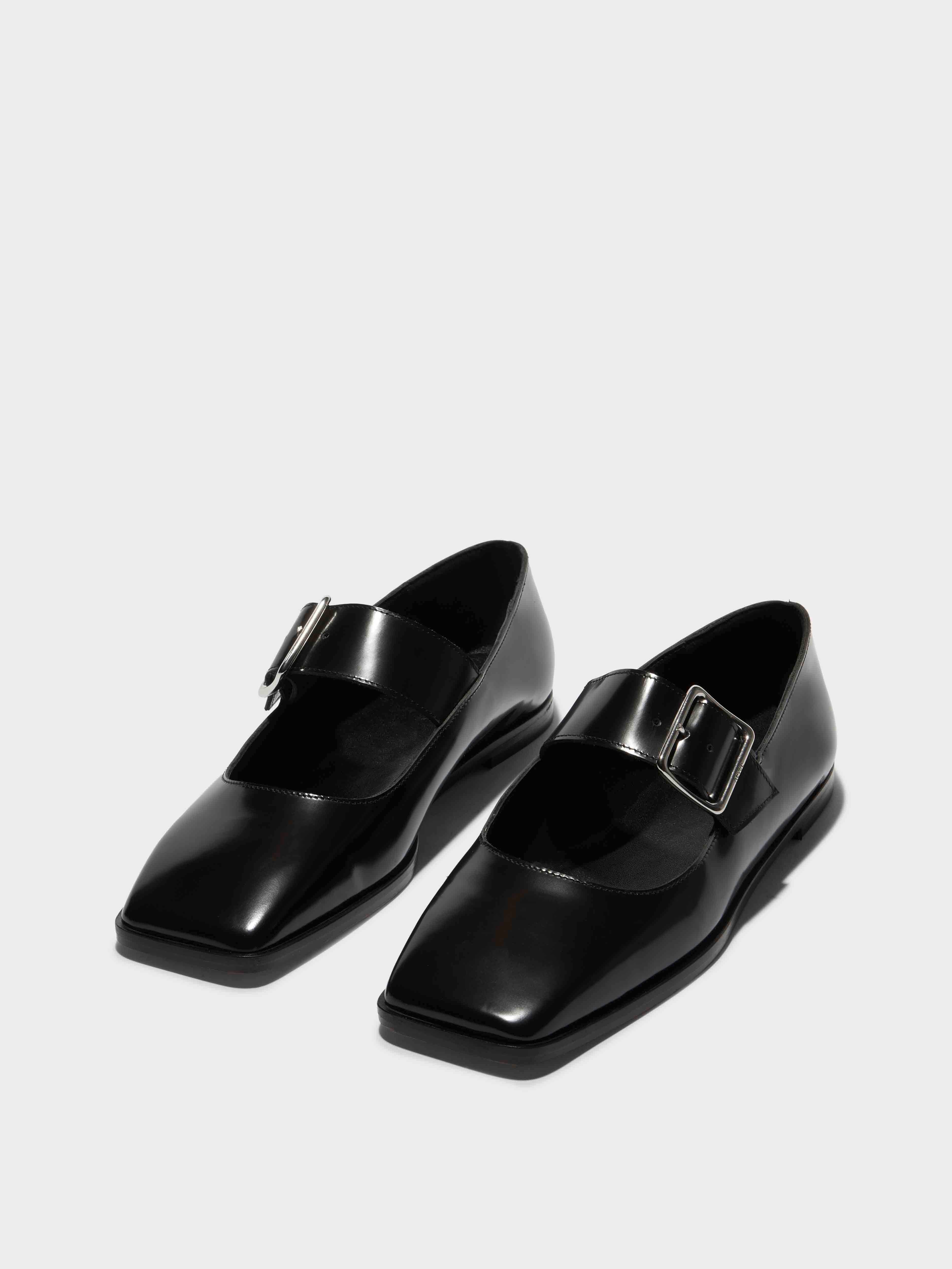 Aeyde | Sunny Leather Mary-Jane Flats Leather Flats for Women | Black Polido | Square Toe | Flat Heel | On Feet