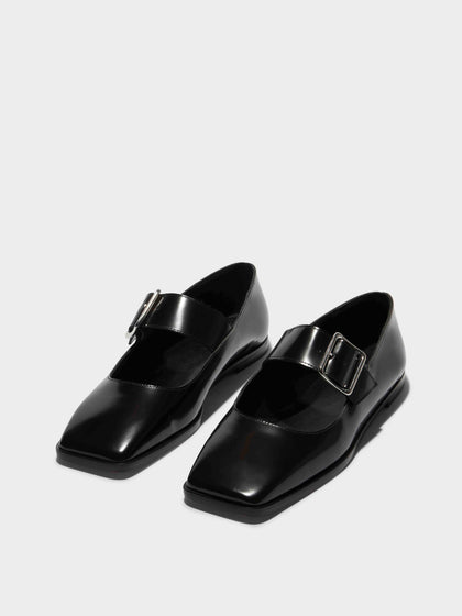Aeyde | Sunny Leather Mary-Jane Flats Leather Flats for Women | Black Polido | Square Toe | Flat Heel | On Feet