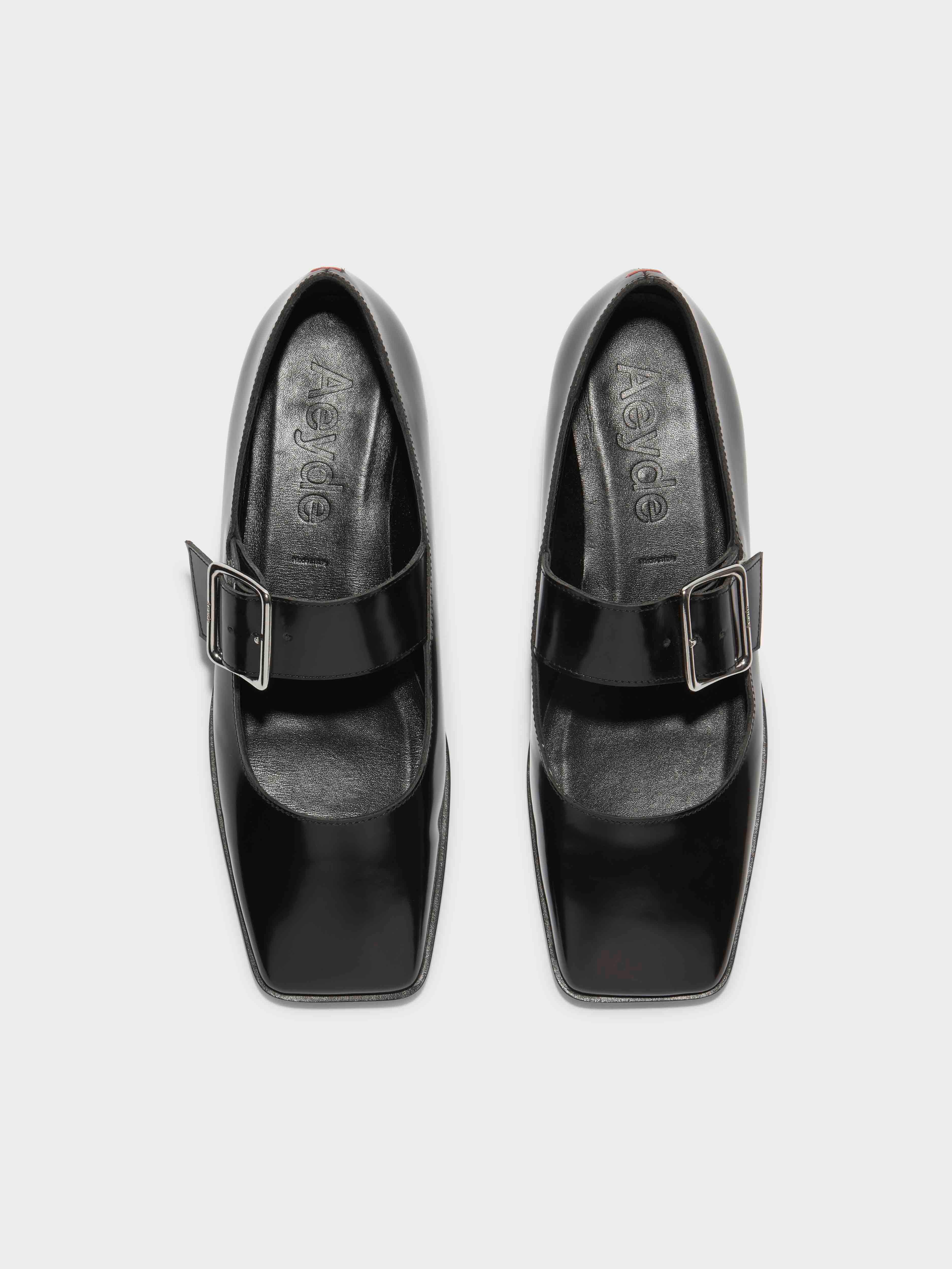 Aeyde | Sunny Leather Mary-Jane Flats Leather Flats for Women | Black Polido | Square Toe | Flat Heel | Front View