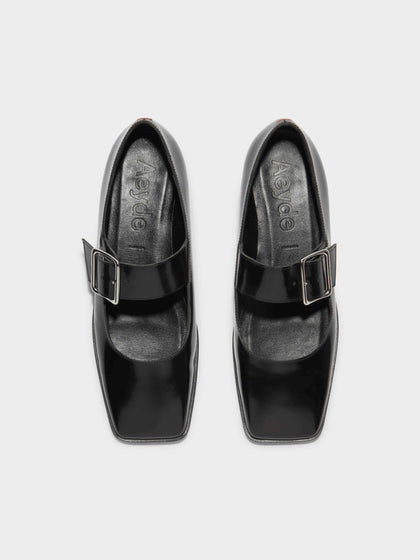 Aeyde | Sunny Leather Mary-Jane Flats Leather Flats for Women | Black Polido | Square Toe | Flat Heel | Front View