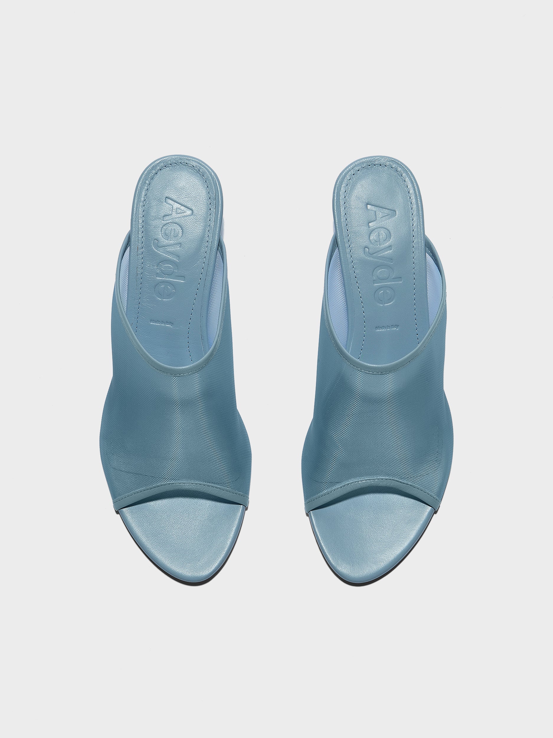 Aeyde | Suzanne Leather Heeled Sandals for Women | Glass Mesh/Nappa | Round Toe | Mid Heel | Front View
