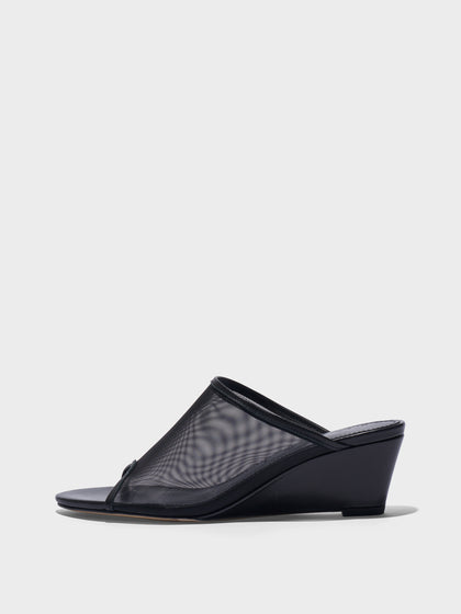 Aeyde | Suzanne Leather Heeled Sandals for Women | Black Mesh/Nappa | Round Toe | Mid Heel | Side View