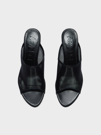 Aeyde | Suzanne Leather Heeled Sandals for Women | Black Mesh/Nappa | Round Toe | Mid Heel | Front View