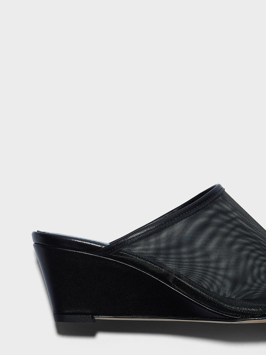 Aeyde | Suzanne Leather Heeled Sandals for Women | Black Mesh/Nappa | Round Toe | Mid Heel | Heel Details