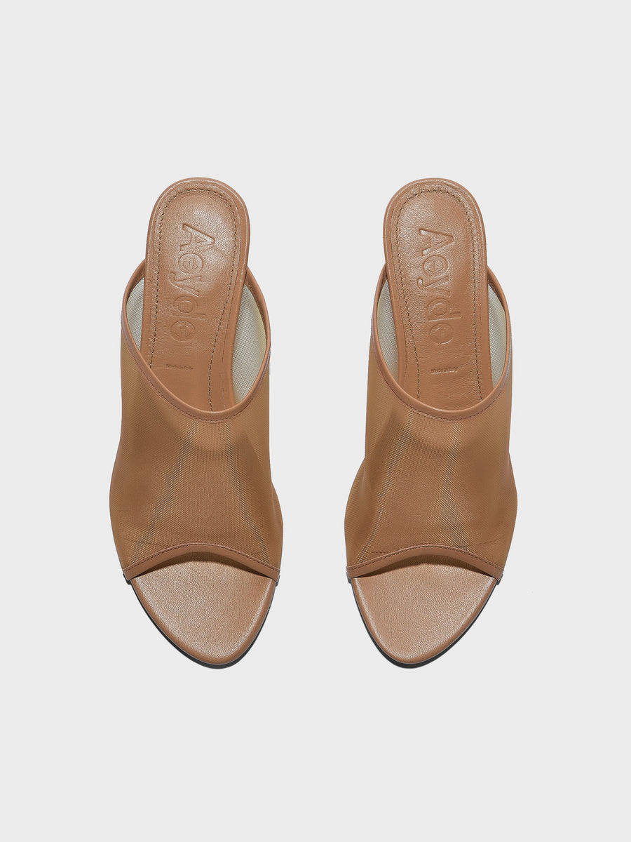 Aeyde | Suzanne Leather Heeled Sandals for Women | Hazelnut Mesh/Nappa | Round Toe | Mid Heel | Front View