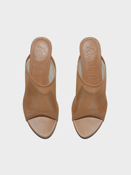 Aeyde | Suzanne Leather Heeled Sandals for Women | Hazelnut Mesh/Nappa | Round Toe | Mid Heel | Front View