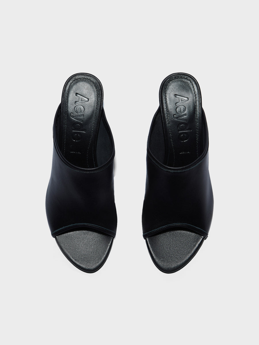 Aeyde | Suzanne Leather Heeled Sandals for Women | Black Nappa | Round Toe | Mid Heel | Front View