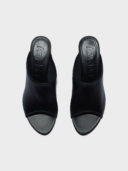 Aeyde | Suzanne Leather Heeled Sandals for Women | Black Nappa | Round Toe | Mid Heel | Front View