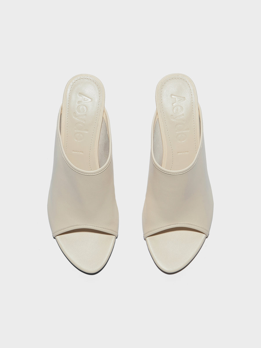 Aeyde | Suzanne Leather Heeled Sandals for Women | Creamy Nappa | Round Toe | Mid Heel | Front View
