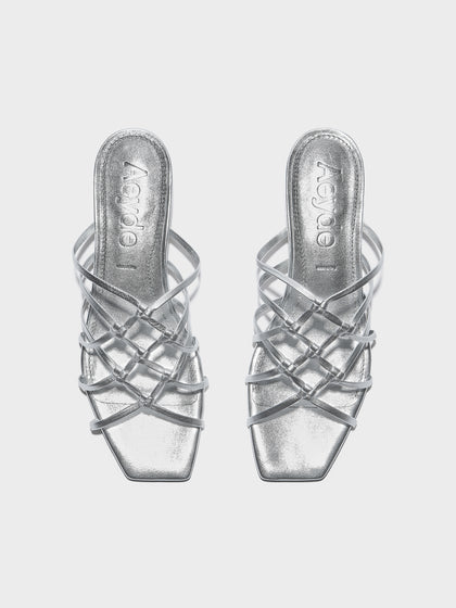 Aeyde | Talha Leather Heeled Sandals for Women | Silver Nappa | Square Toe | Low Heel | Front View