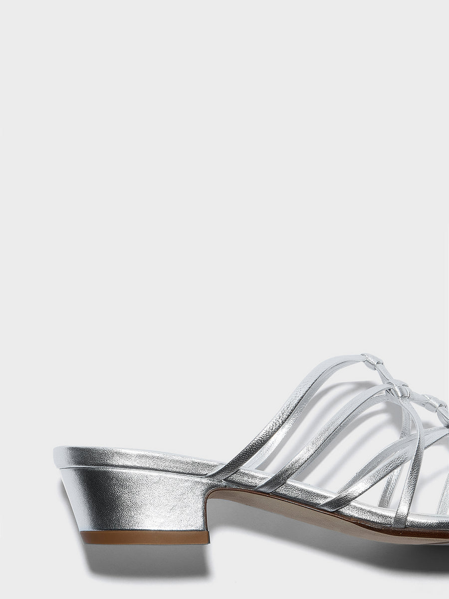 Aeyde | Talha Leather Heeled Sandals for Women | Silver Nappa | Square Toe | Low Heel | Heel Details