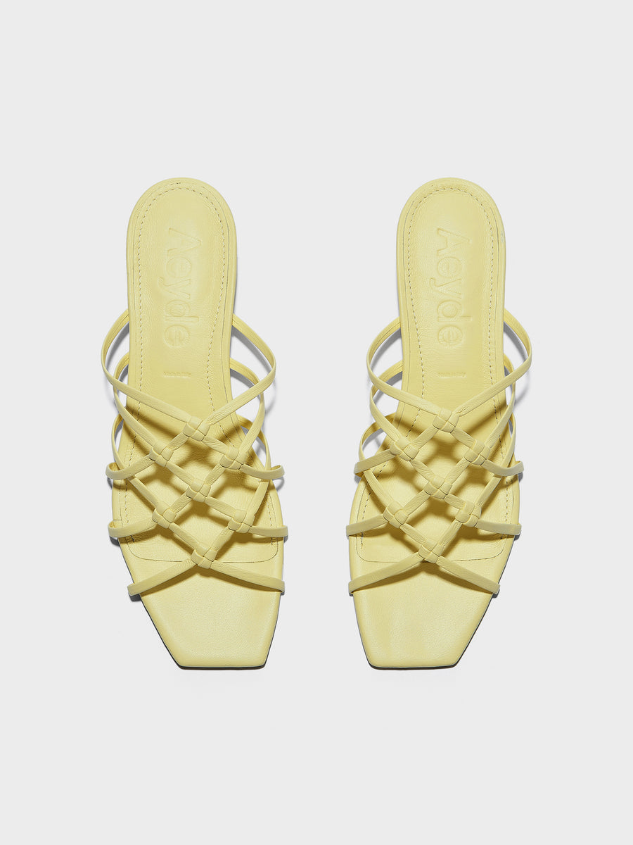 Aeyde | Talha Leather Heeled Sandals for Women | Lemon Nappa | Square Toe | Low Heel | Front View