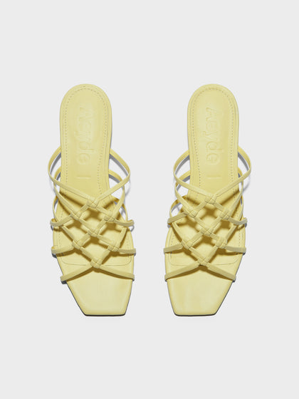 Aeyde | Talha Leather Heeled Sandals for Women | Lemon Nappa | Square Toe | Low Heel | Front View