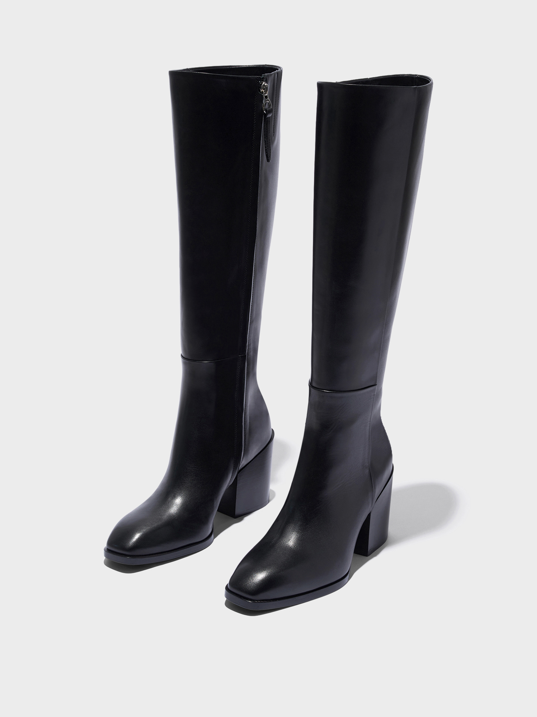 Aeyde | Teresa Leather Knee-High Boots Leather Knee High Boots for Women | Black Calf | Square Toe | High Heel | Luxury Materials | Handmade in Italy