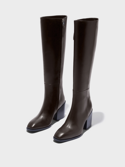 Aeyde | Teresa Leather Knee-High Boots Leather Knee High Boots for Women | Moka Calf | Square Toe | High Heel | Luxury Materials | Handmade in Italy