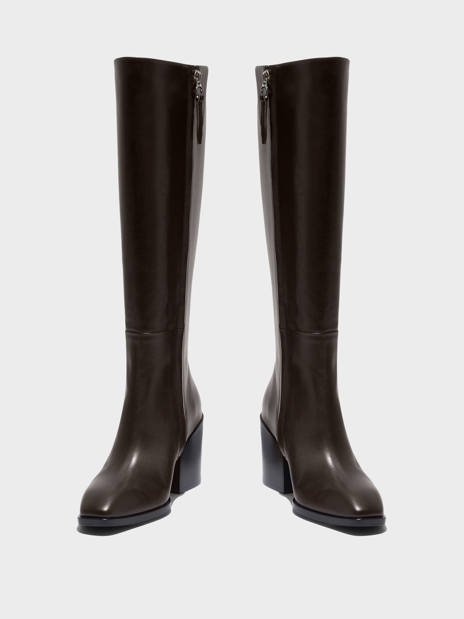Aeyde | Teresa Leather Knee-High Boots Leather Knee High Boots for Women | Moka Calf | Square Toe | High Heel | Front View